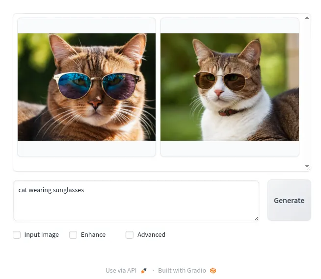 Image of the Fooocus web UI, with two generated images of cats wearing sunglasses